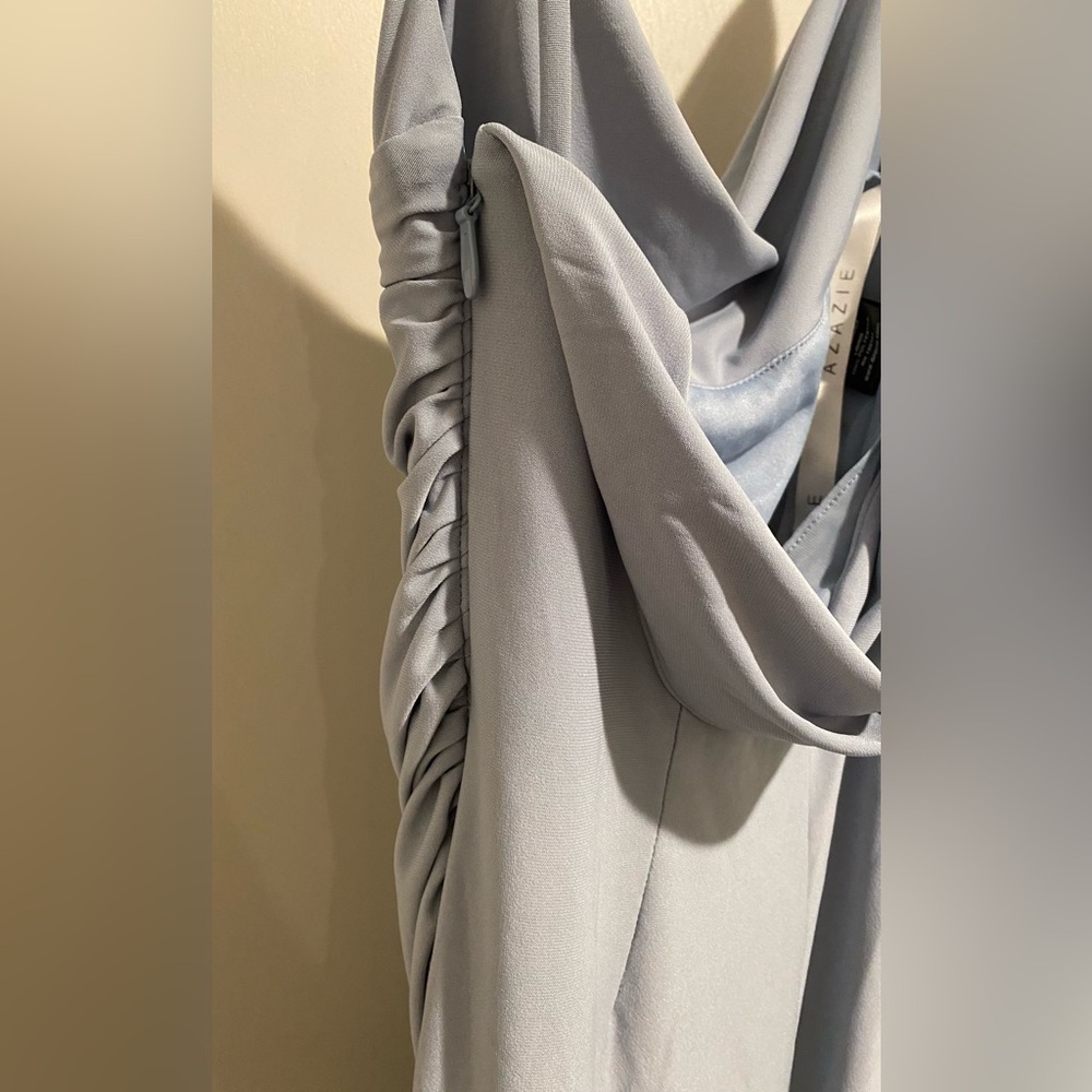 Azazie Sophisticated Gray Draped Midi Dress - Picture 11 of 16